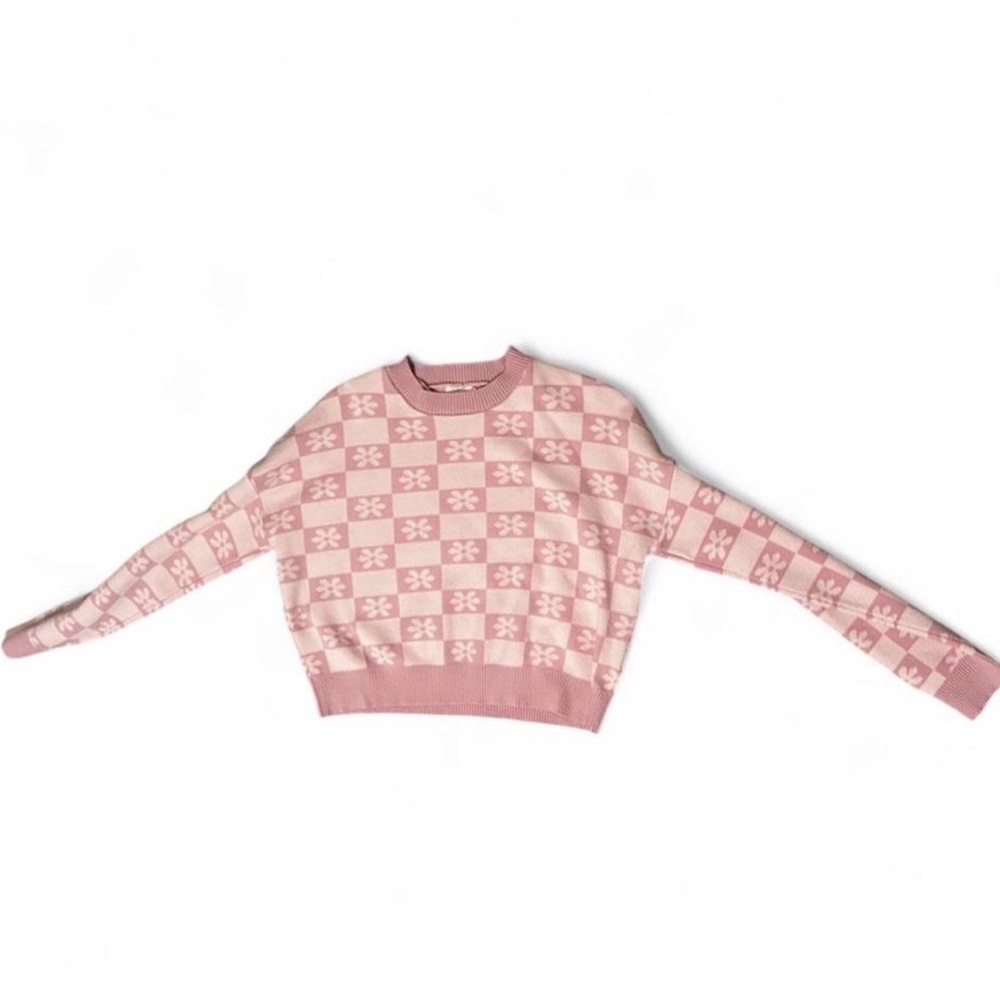 Pink Flower Patterned Crew Neck Sweater